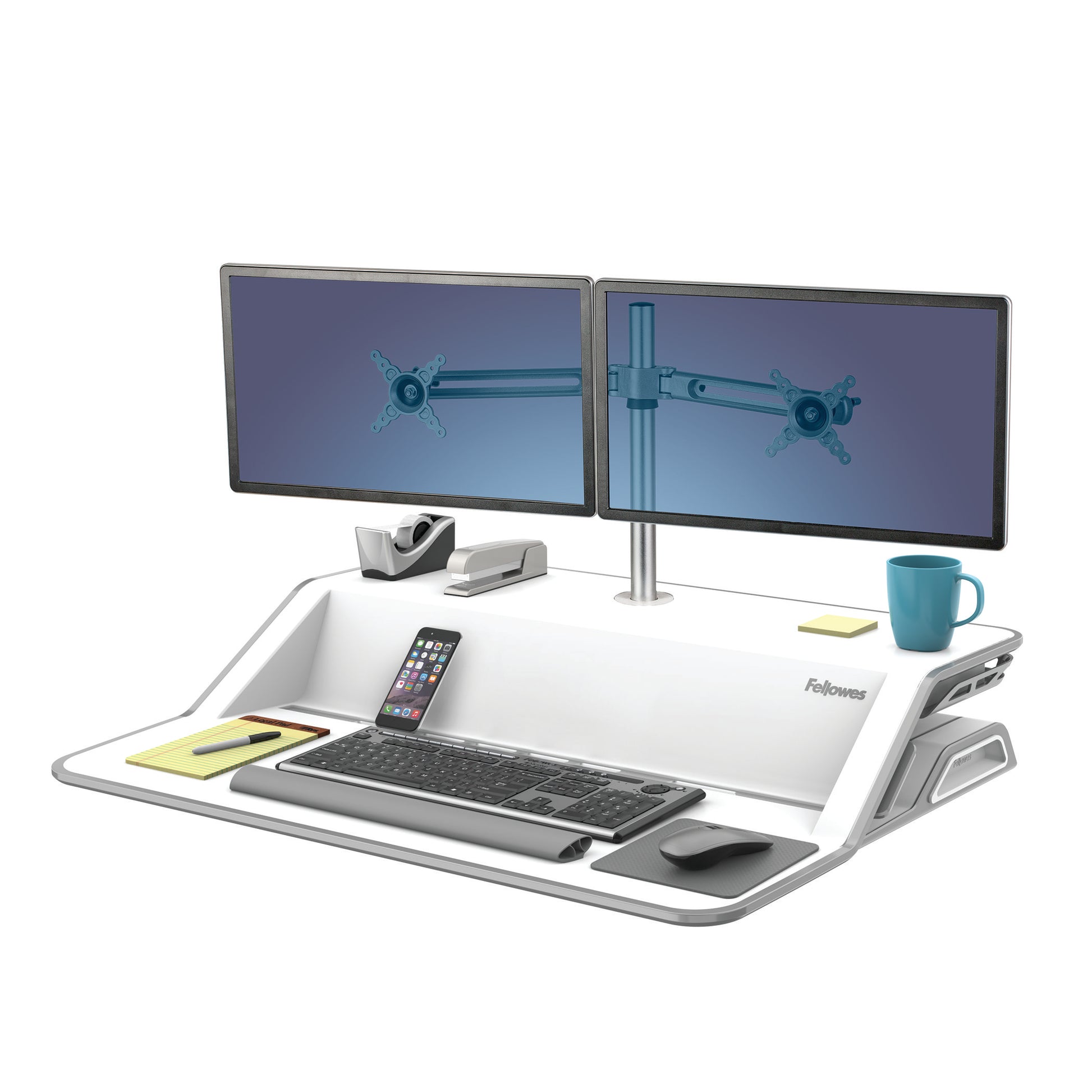 BUY FELLOWES LOTUS Sit Stand Workstation with FREE SHIPPING 9901 white double monitor arm