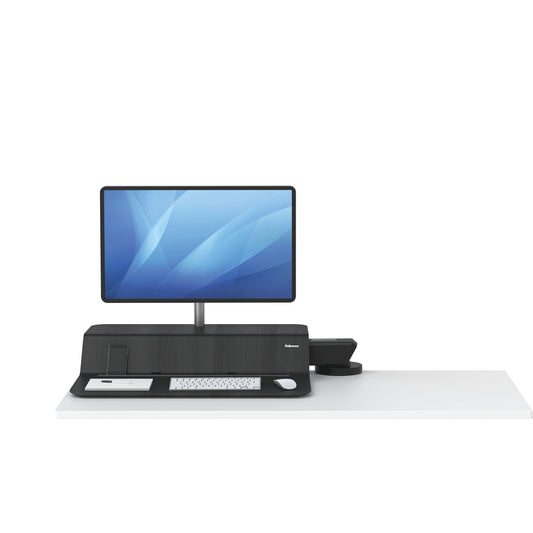BUY FELLOWES® LOTUS™ RT SIT STAND WORKSTATION with FREE SHIPPING. Available in black with a single monitor arm. Hight adjustable Desk converter 8081501