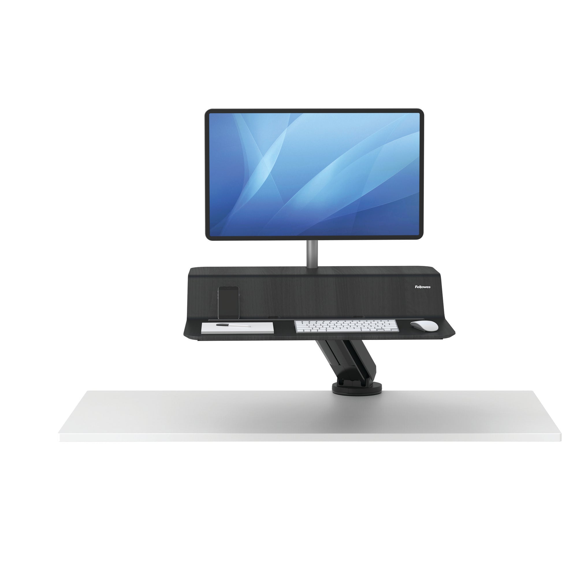 BUY FELLOWES® LOTUS™ RT SIT STAND WORKSTATION with FREE SHIPPING. Available in black with a single monitor arm. Hight adjustable Desk converter 8081501