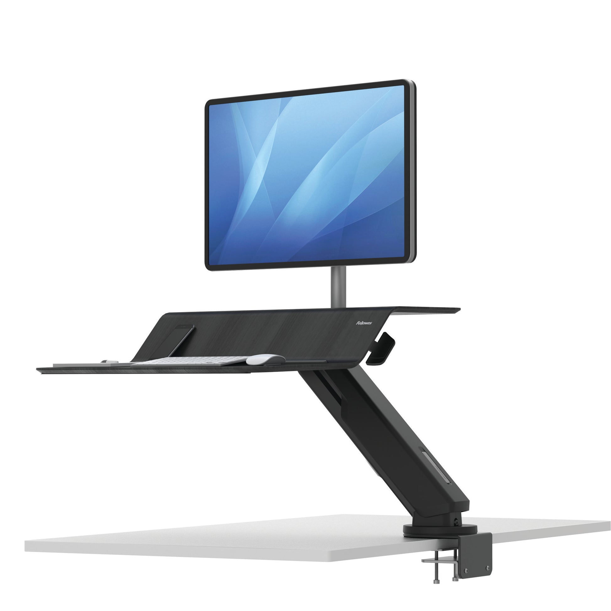 BUY FELLOWES® LOTUS™ RT SIT STAND WORKSTATION with FREE SHIPPING. Available in black with a single monitor arm. Hight adjustable Desk converter 8081501