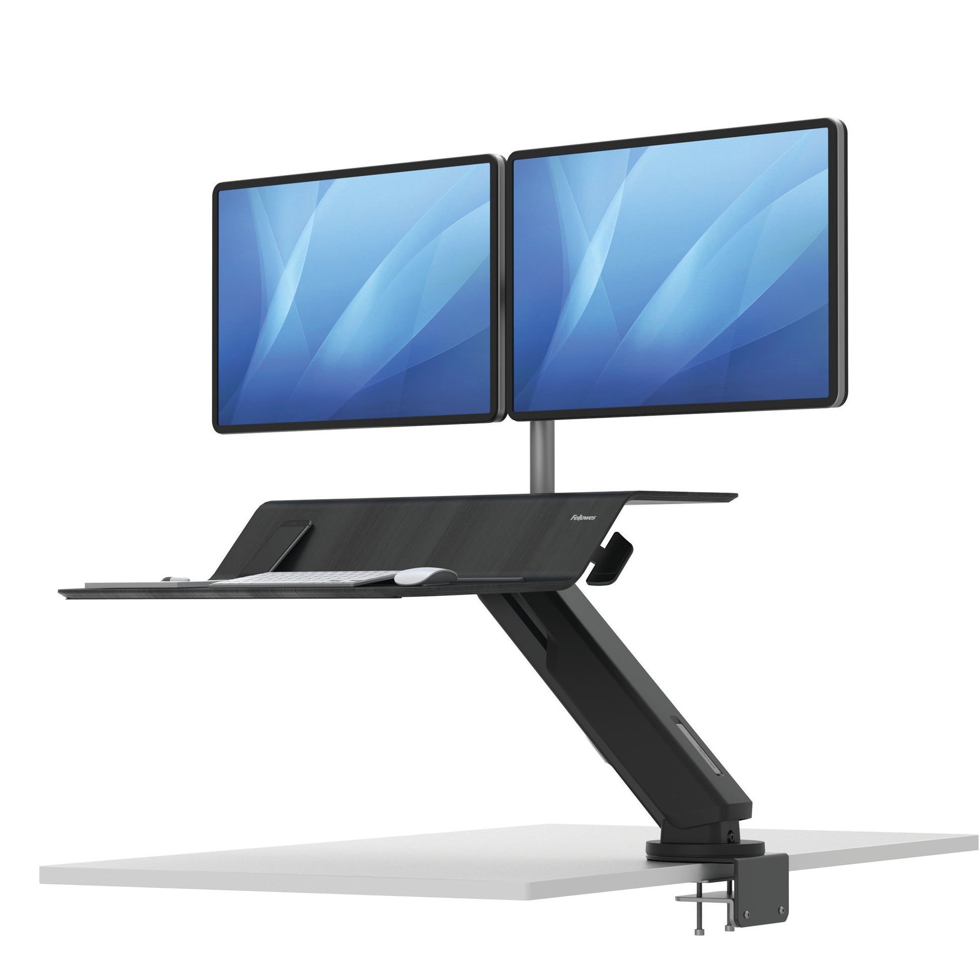 BUY FELLOWES® LOTUS™ RT SIT STAND WORKSTATION with FREE SHIPPING. Available in black with a double monitor arm. Hight adjustable Desk converter 8081601