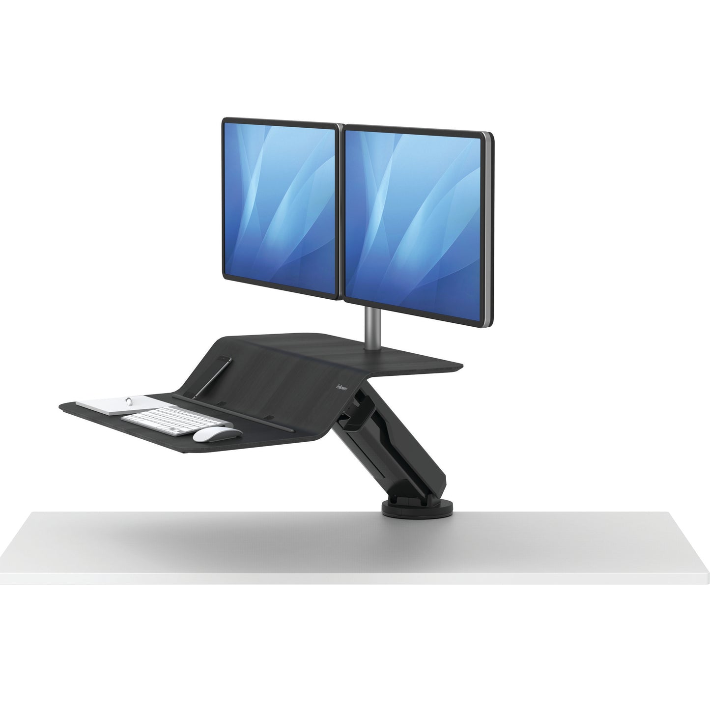 BUY FELLOWES® LOTUS™ RT SIT STAND WORKSTATION with FREE SHIPPING. Available in black with a double monitor arm. Hight adjustable Desk converter 8081601