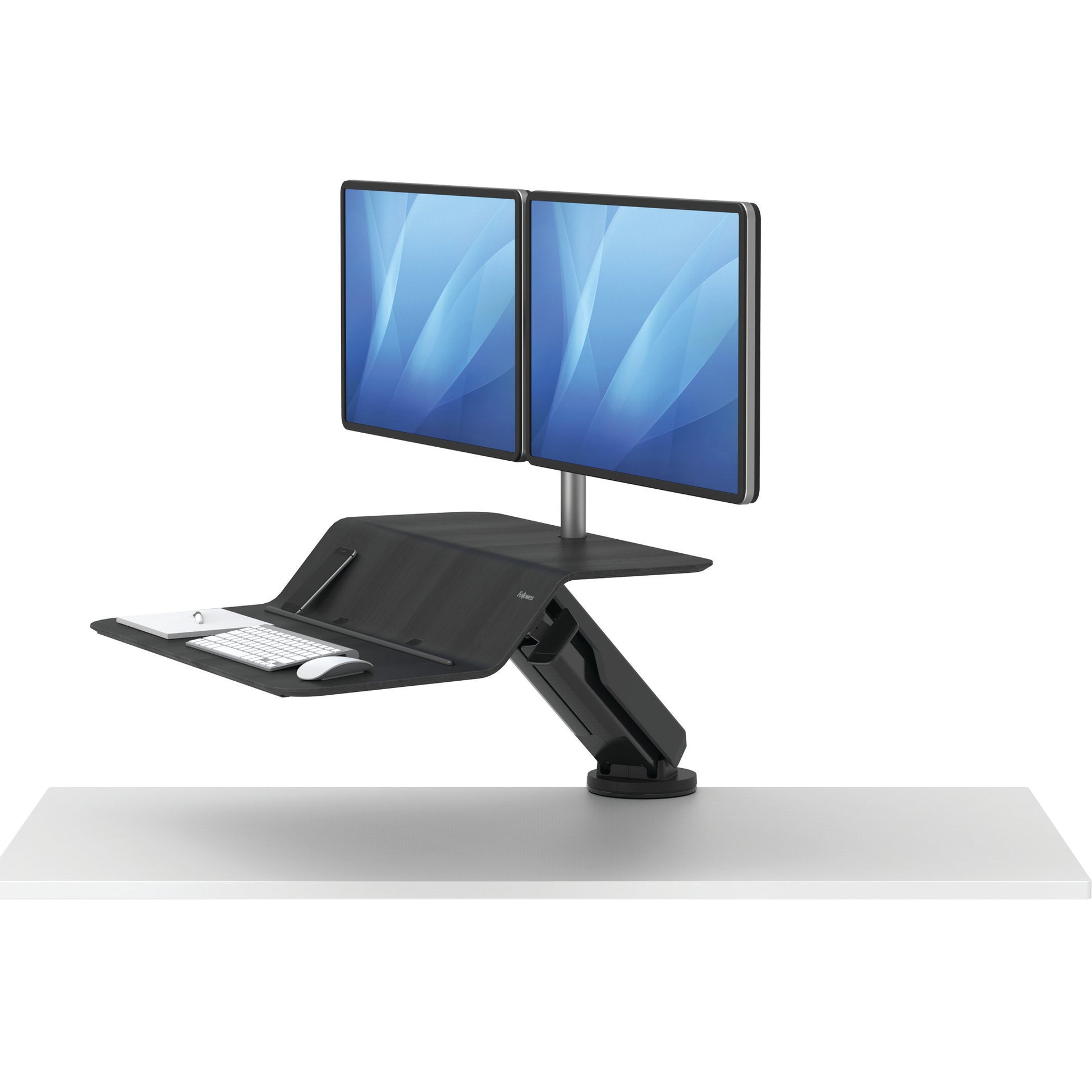 BUY FELLOWES® LOTUS™ RT SIT STAND WORKSTATION with FREE SHIPPING. Available in black with a double monitor arm. Hight adjustable Desk converter 8081601