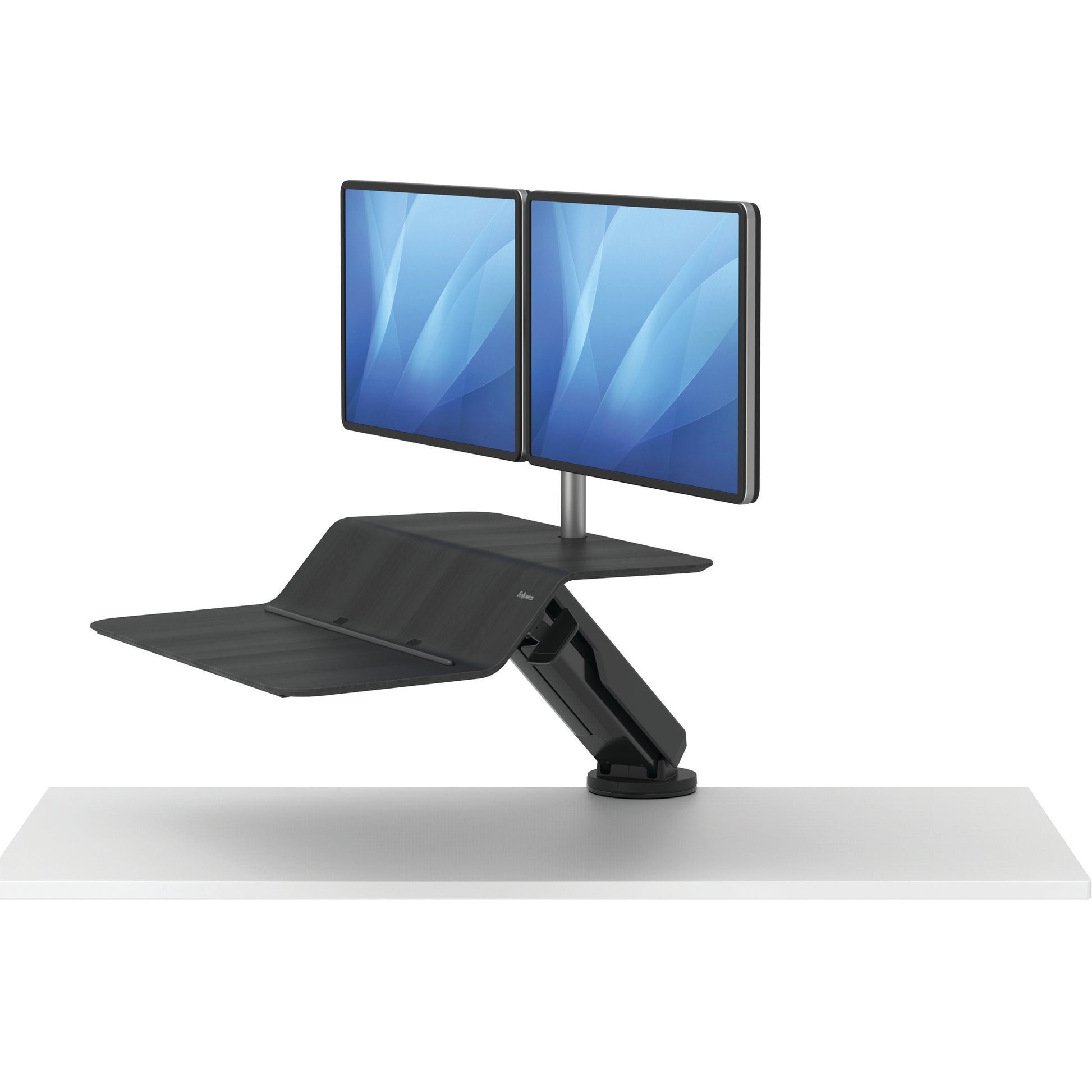 BUY FELLOWES® LOTUS™ RT SIT STAND WORKSTATION with FREE SHIPPING. Available in black with a double monitor arm. Hight adjustable Desk converter 8081601