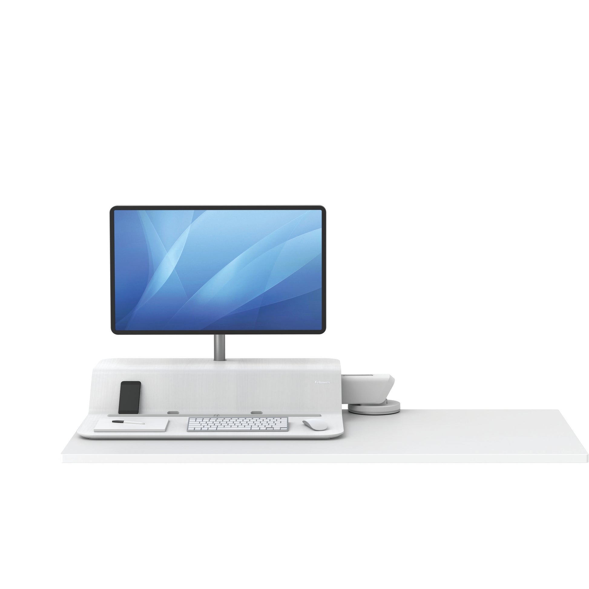 BUY FELLOWES® LOTUS™ RT SIT STAND WORKSTATION with FREE SHIPPING. Available in white with a single monitor arm. Hight adjustable Desk converter 8081701