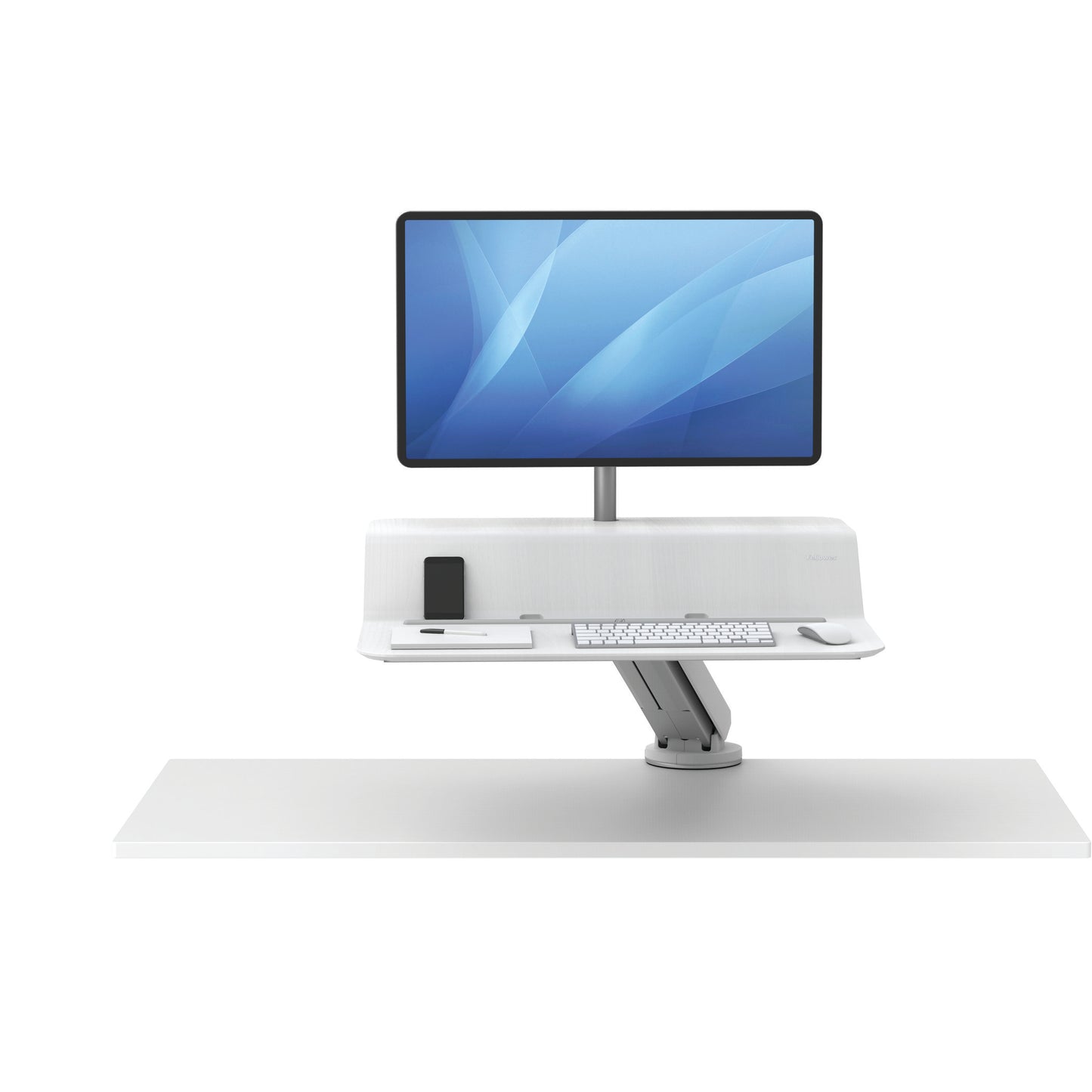BUY FELLOWES® LOTUS™ RT SIT STAND WORKSTATION with FREE SHIPPING. Available in white with a single monitor arm. Hight adjustable Desk converter 8081701