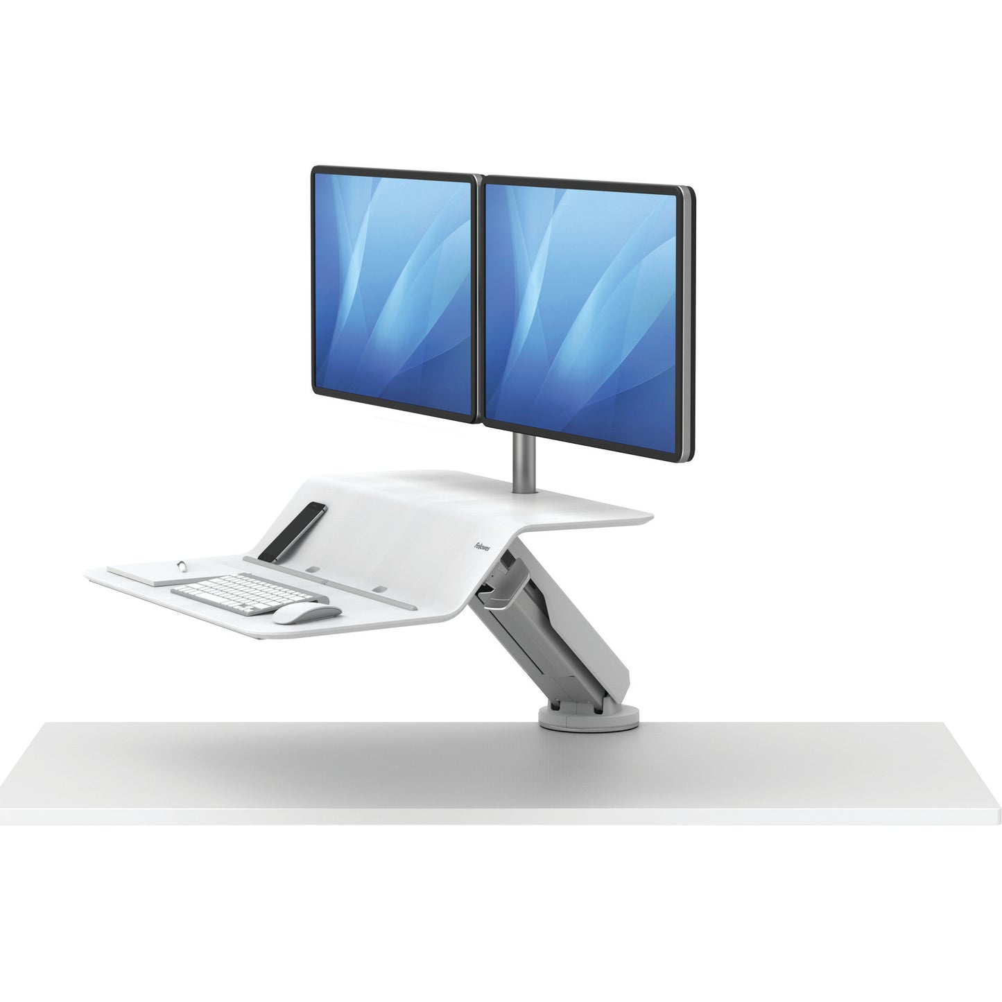 BUY FELLOWES® LOTUS™ RT SIT STAND WORKSTATION with FREE SHIPPING. Available in white with a double monitor arm. Hight adjustable Desk converter 8081801