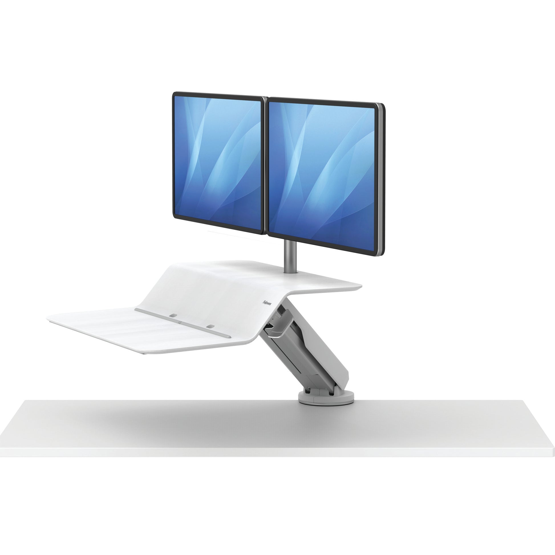 BUY FELLOWES® LOTUS™ RT SIT STAND WORKSTATION with FREE SHIPPING. Available in white with a double monitor arm. Hight adjustable Desk converter 8081801