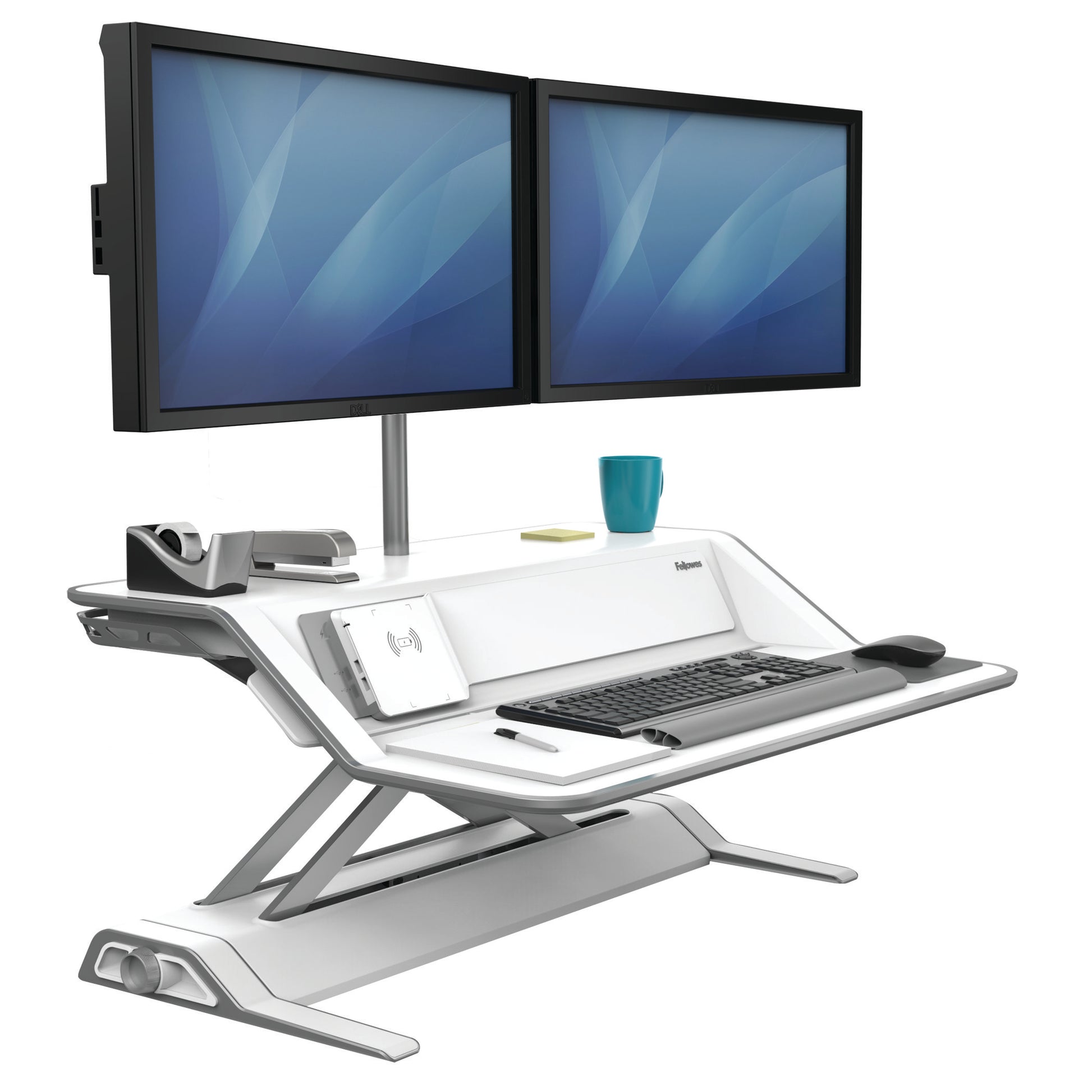 BUY FELLOWES LOTUS DX sit stand workstation FREE SHIPPING 8082201 white dual monitor arm