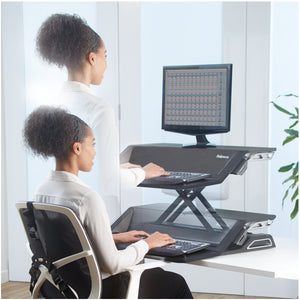BUY FELLOWES LOTUS Sit Stand Workstation with FREE SHIPPING 7901 black in use