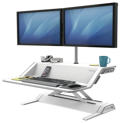 BUY FELLOWES LOTUS Sit Stand Workstation with FREE SHIPPING 9901 white double monitor arm