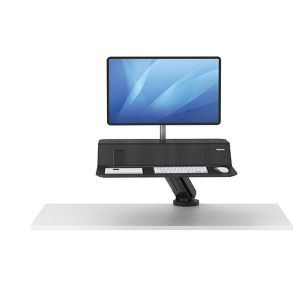 BUY FELLOWES® LOTUS™ RT SIT STAND WORKSTATION with FREE SHIPPING. Available in black with a single monitor arm. Hight adjustable Desk converter 8081501 