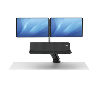 BUY FELLOWES® LOTUS™ RT SIT STAND WORKSTATION with FREE SHIPPING. Available in black with a double monitor arm. Hight adjustable Desk converter 8081601 