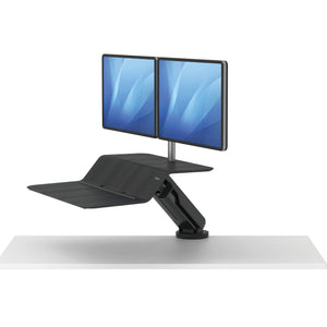 BUY FELLOWES® LOTUS™ RT SIT STAND WORKSTATION with FREE SHIPPING. Available in black with a double monitor arm. Hight adjustable Desk converter 8081601 