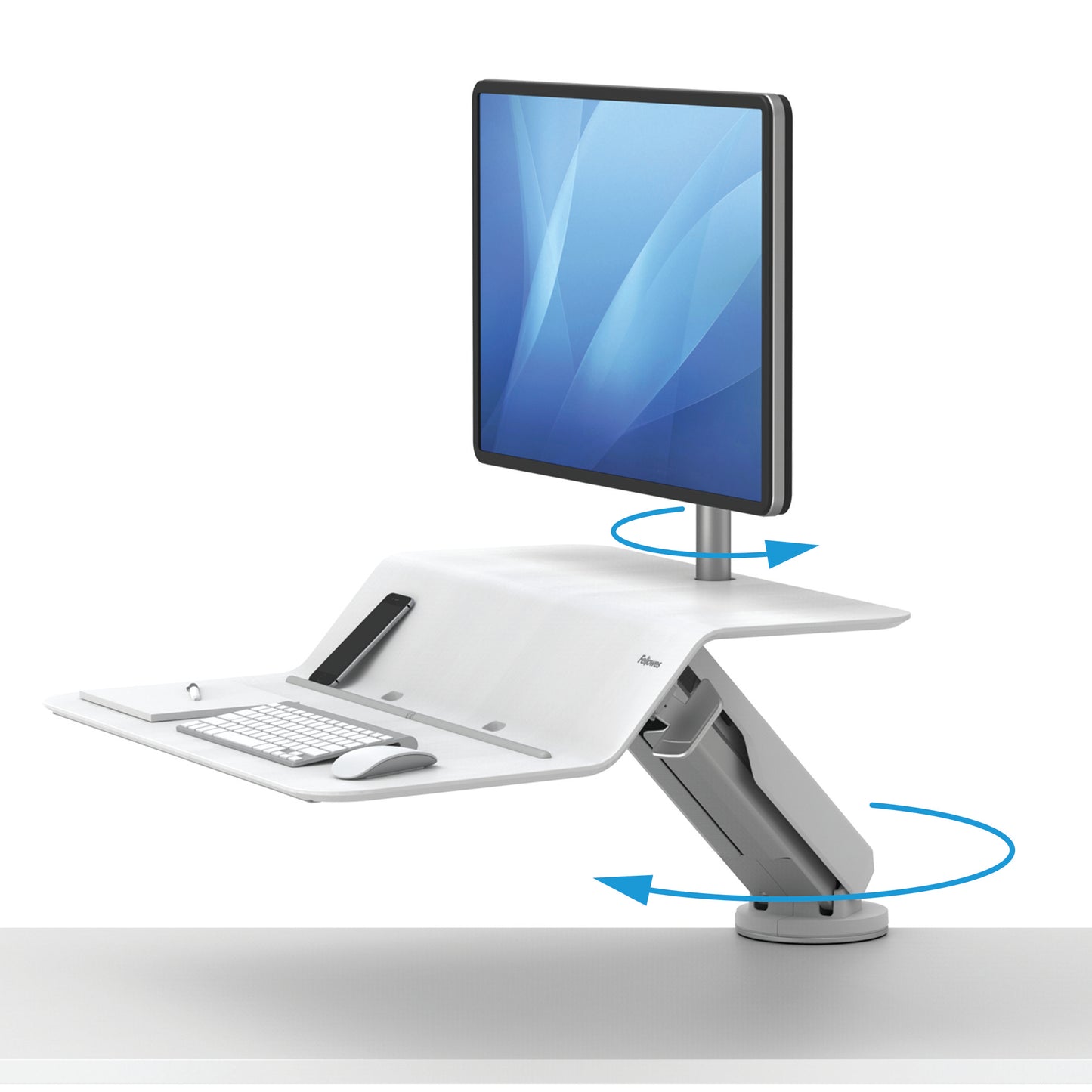 BUY FELLOWES® LOTUS™ RT SIT STAND WORKSTATION with FREE SHIPPING. Available in white with a single monitor arm. Hight adjustable Desk converter 8081701 