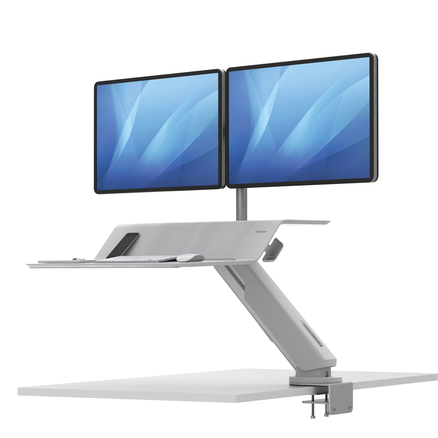 BUY FELLOWES® LOTUS™ RT SIT STAND WORKSTATION with FREE SHIPPING. Available in white with a double monitor arm. Hight adjustable Desk converter 8081801