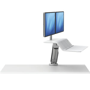 BUY FELLOWES® LOTUS™ RT SIT STAND WORKSTATION with FREE SHIPPING. Available in white with a double monitor arm. Hight adjustable Desk converter 8081801