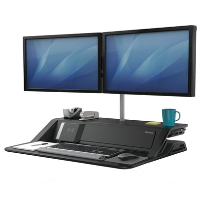 BUY FELLOWES LOTUS DX sit stand workstation FREE SHIPPING 8082101 black dual monitor arm