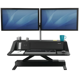 BUY FELLOWES LOTUS DX sit stand workstation FREE SHIPPING 8082101 black dual monitor arm