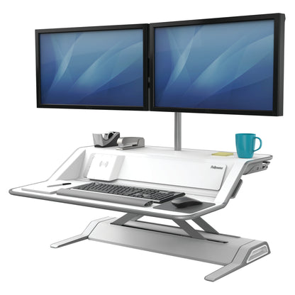 BUY FELLOWES LOTUS DX sit stand workstation FREE SHIPPING 8082201 white dual monitor arm