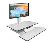 Load image into Gallery viewer, Buy Standesk Memory Desk Converter black or white with a single monitor backet, double monitor backet or triple monitor backet. Standing desk, sit stand desk, height adjustable desk, desktop riser. Office desk or for your home office. Desks for Backs. Standesk from Office Portfolio. Shop online home &amp; office ergonomic furniture and supplies. Standing desks, stand up desk, office workstation, office furniture, sit &amp; stand desks.