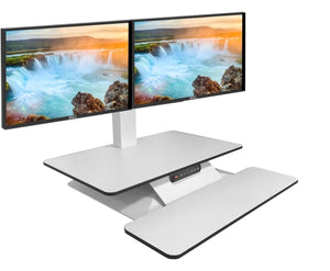 Buy Standesk Memory Desk Converter black or white with a single monitor backet, double monitor backet or triple monitor backet. Standing desk, sit stand desk, height adjustable desk, desktop riser. Office desk or for your home office. Desks for Backs. Standesk from Office Portfolio. Shop online home & office ergonomic furniture and supplies. Standing desks, stand up desk, office workstation, office furniture, sit & stand desks.