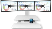 Load image into Gallery viewer, Buy Standesk Memory Desk Converter black or white with a single monitor backet, double monitor backet or triple monitor backet. Standing desk, sit stand desk, height adjustable desk, desktop riser. Office desk or for your home office. Desks for Backs. Standesk from Office Portfolio. Shop online home &amp; office ergonomic furniture and supplies. Standing desks, stand up desk, office workstation, office furniture, sit &amp; stand desks.