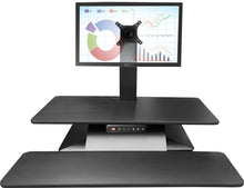 Load image into Gallery viewer, Buy Standesk Memory Desk Converter black or white with a single monitor backet, double monitor backet or triple monitor backet. Standing desk, sit stand desk, height adjustable desk, desktop riser. Office desk or for your home office. Desks for Backs. Standesk from Office Portfolio. Shop online home &amp; office ergonomic furniture and supplies. Standing desks, stand up desk, office workstation, office furniture, sit &amp; stand desks.