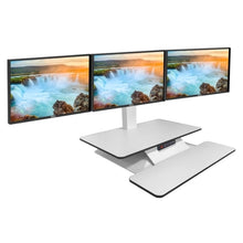 Load image into Gallery viewer, Buy Standesk Memory Desk Converter black or white with a single monitor backet, double monitor backet or triple monitor backet. Standing desk, sit stand desk, height adjustable desk, desktop riser. Office desk or for your home office. Desks for Backs. Standesk from Office Portfolio. Shop online home &amp; office ergonomic furniture and supplies. Standing desks, stand up desk, office workstation, office furniture, sit &amp; stand desks.