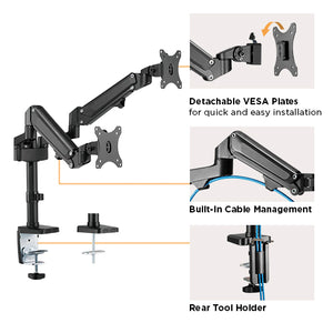 Brateck Dual Monitors Heavy-Duty Aluminum Gas Spring Monitor Arm Fit Most 17''-32'' Up to 12kg per screen