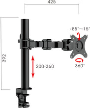 Load image into Gallery viewer, Buy Rapidline Revolve Single Monitor Arm FREE SHIPPING RMA1 BL Perfect to use with our range of Standing Desks and Desk Converters! Liberate your worktop space and improve posture with a Revolve pole mounted single monitor arm. With 360 degrees horizontal adjustment and cable management within the pole. Colour: Black dimensions