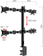 Load image into Gallery viewer, Buy Rapidline Revolve Quad Monitor Arm FREE SHIPPING RMA4 BL Perfect to use with our range of Standing Desks! Liberate your worktop space and improve posture with a Revolve pole-mounted quad monitor arm. With 360 degrees horizontal adjustment and cable management within the pole, and backed by a 3-year warranty. Black dimensions
